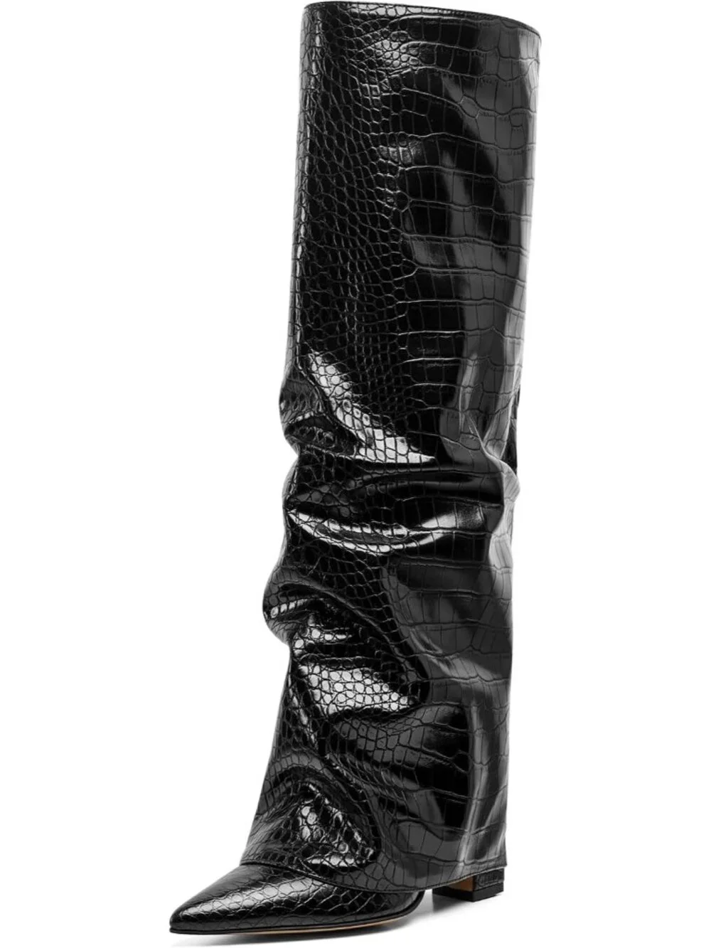 Women's Black Comfortable Pointed Toe Fold Over Chunky Slouchy Knee High Boots